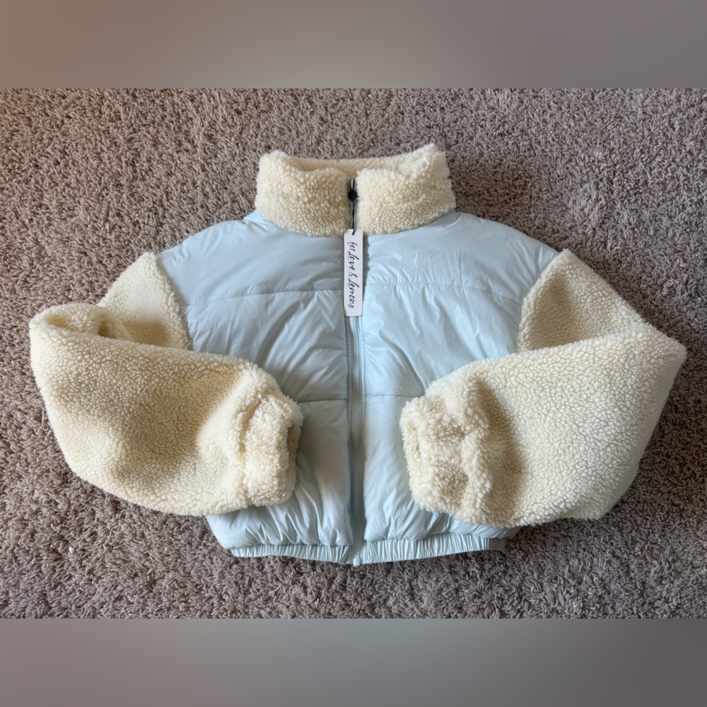 For Love And Lemons Womens Puffer Jacket with Cream Sherpa Sleeves